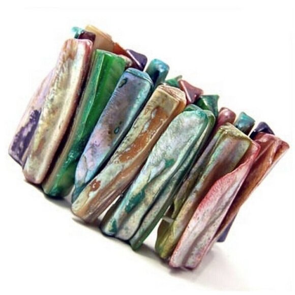 Rainbow Mother of Pearl Rustic Beach Resort Pool Sea Shell MOP Stretch Bracelet - Picture 1 of 3